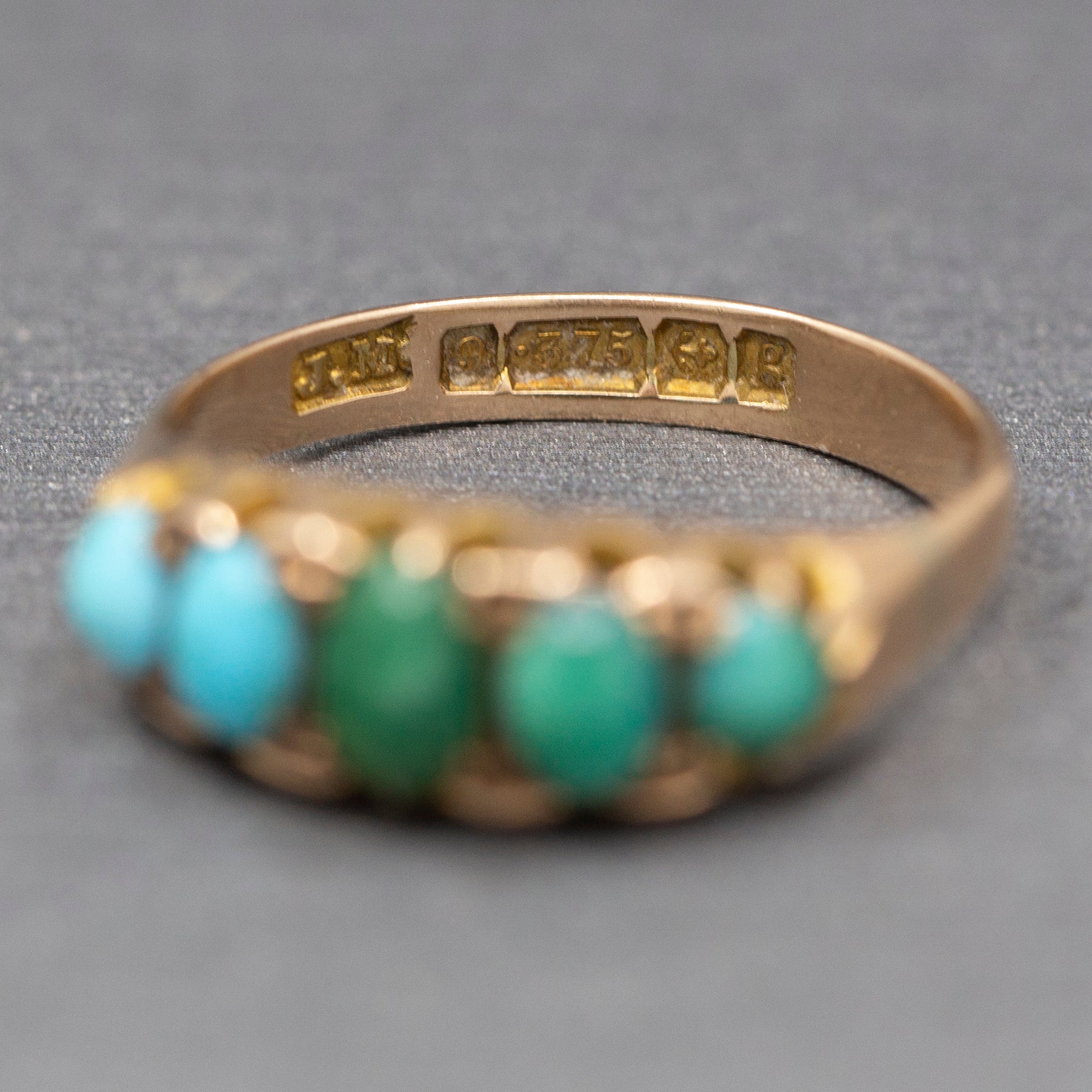 Sweet Antique Edwardian Turquoise Five Stone Band Ring in 9k Rose Gold