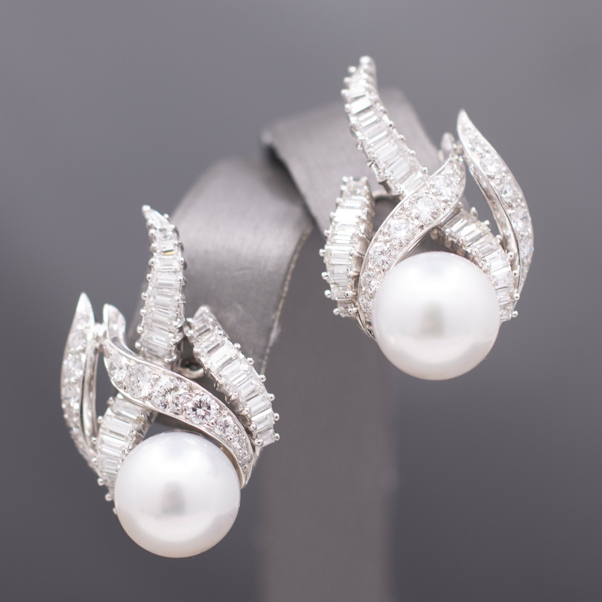 Exquisite South Sea Pearl & Baguette Round Diamond Earrings in 18k White Gold