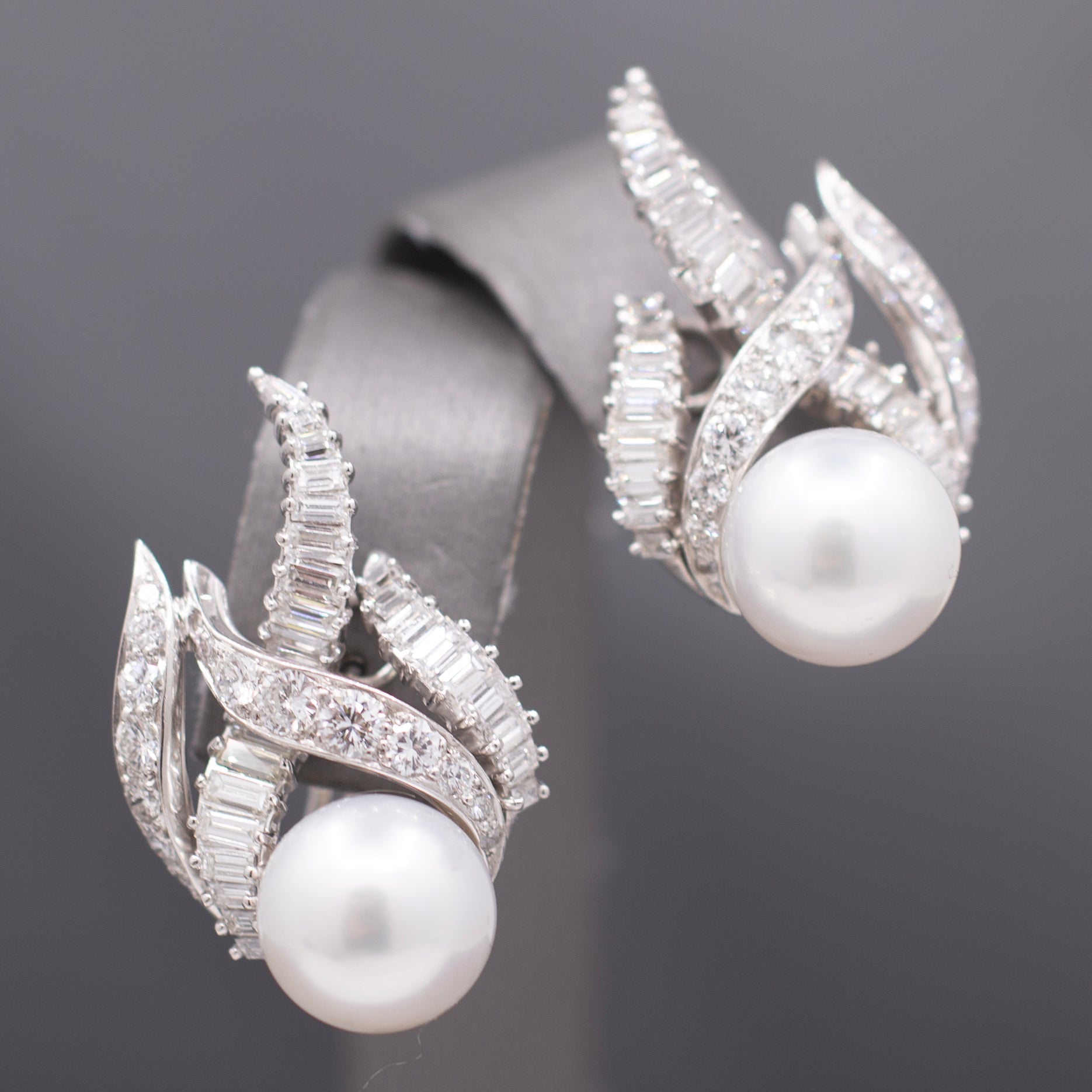 Exquisite South Sea Pearl & Baguette Round Diamond Earrings in 18k White Gold