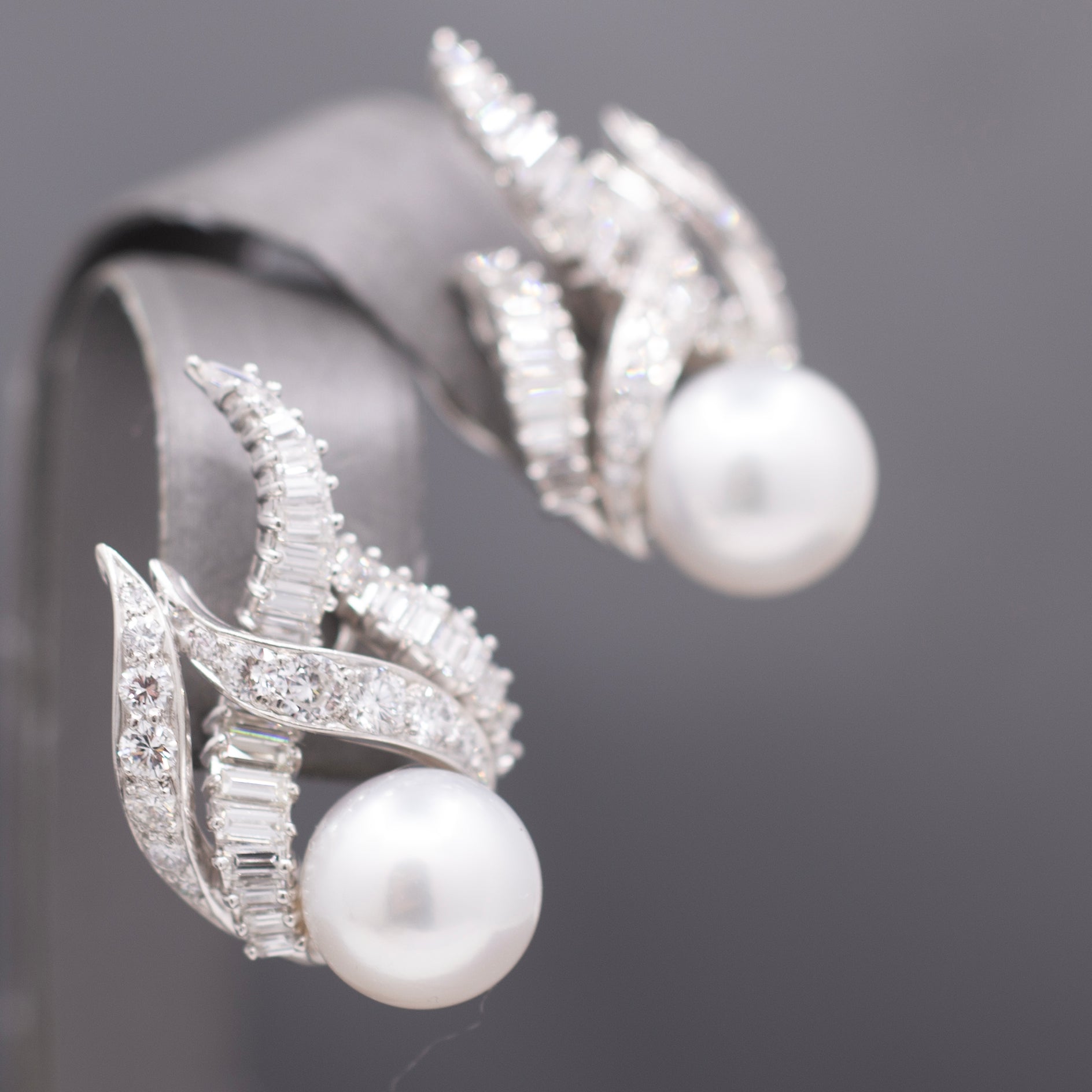 Exquisite South Sea Pearl & Baguette Round Diamond Earrings in 18k White Gold