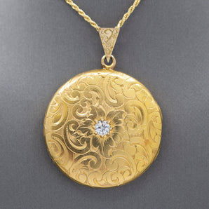 Exquisite Victorian Antique Engraved Round Locket with Diamond Center in 14k Yellow Gold