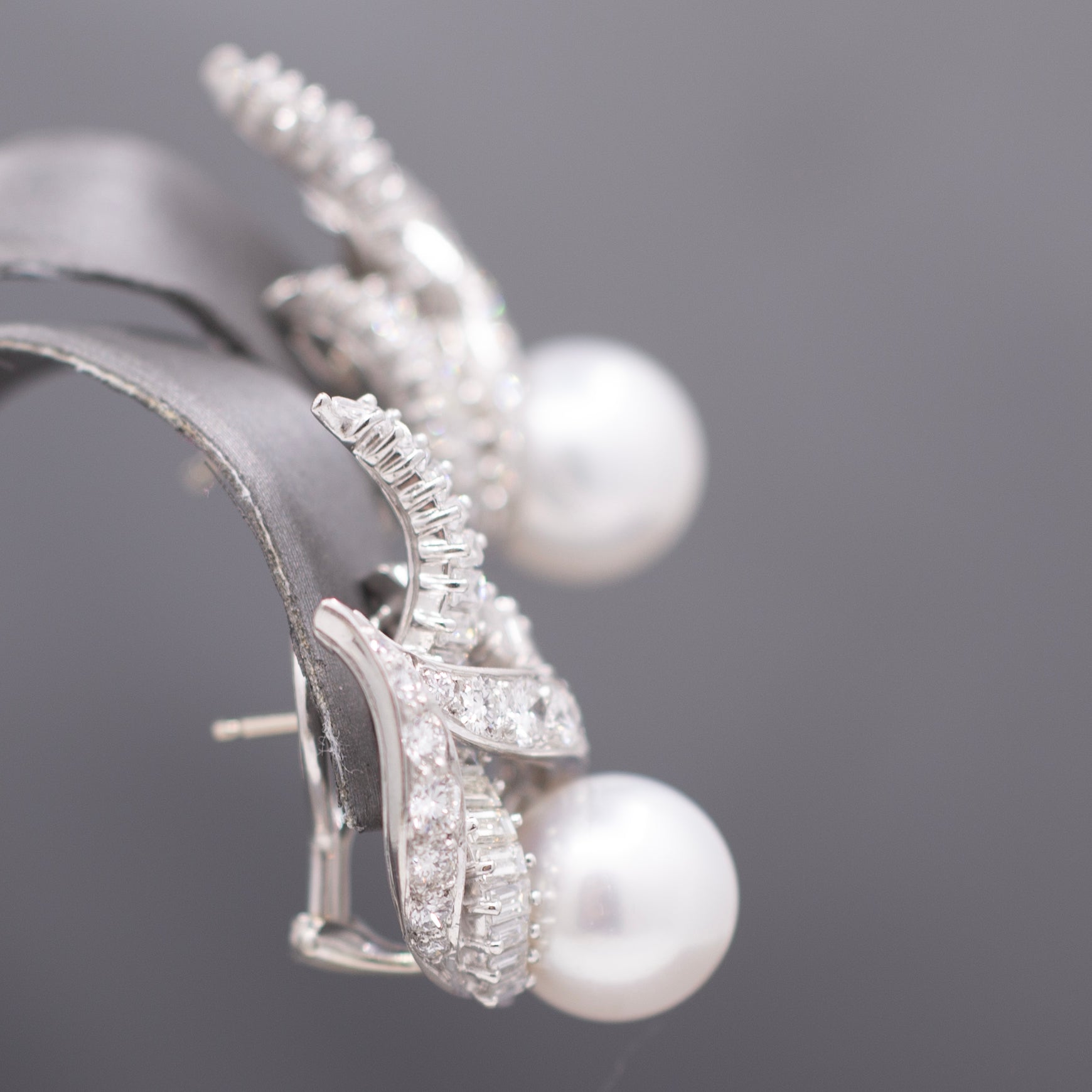 Exquisite South Sea Pearl & Baguette Round Diamond Earrings in 18k White Gold