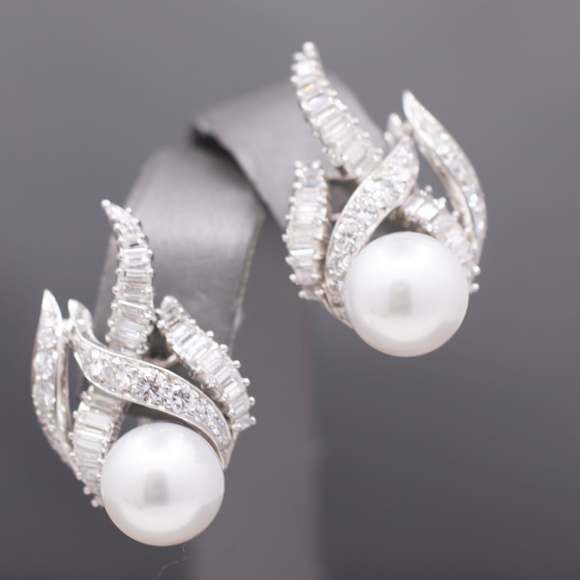 Exquisite South Sea Pearl & Baguette Round Diamond Earrings in 18k White Gold