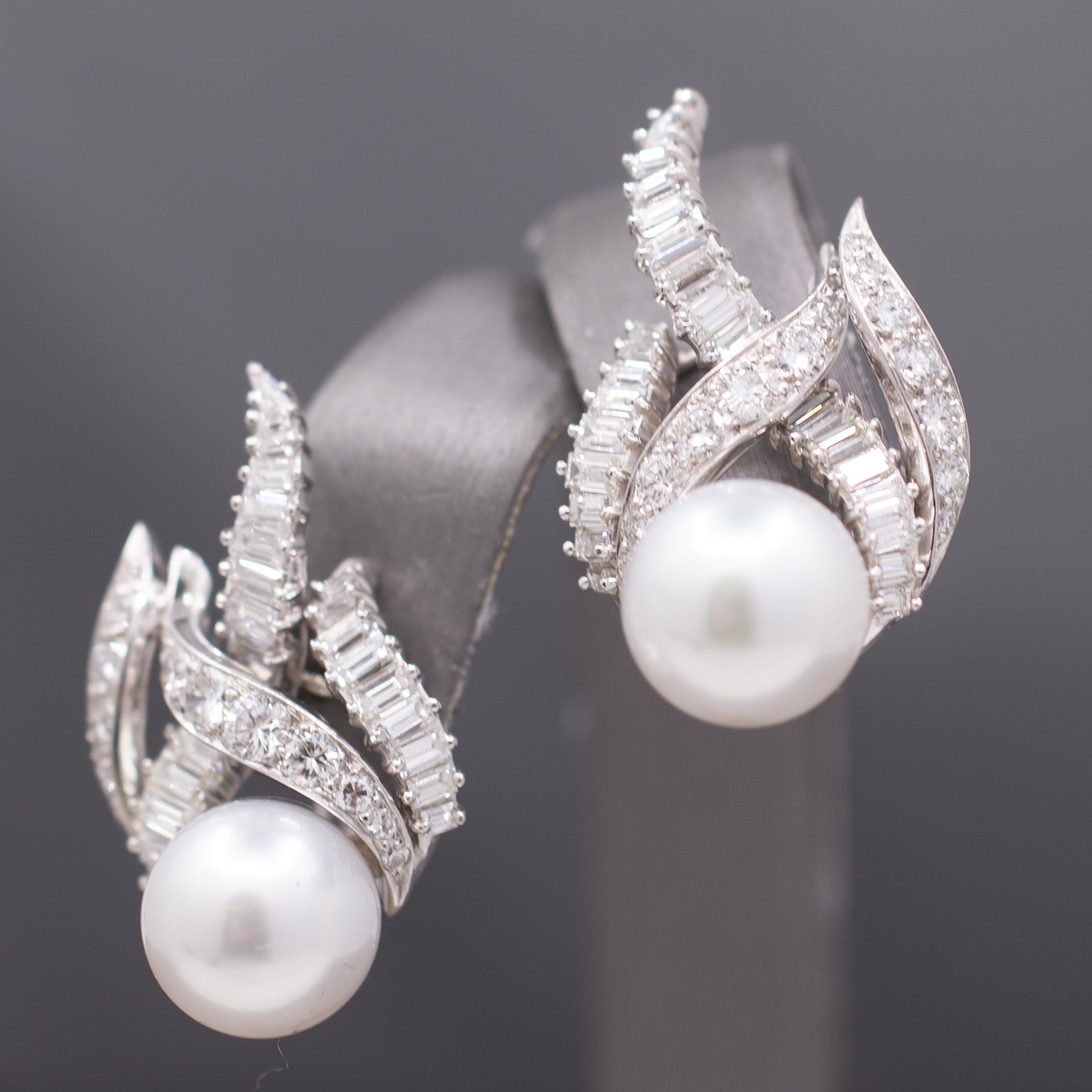 Exquisite South Sea Pearl & Baguette Round Diamond Earrings in 18k White Gold