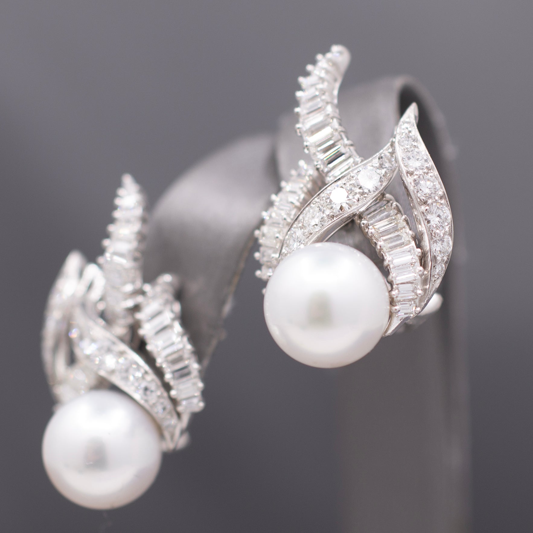 Exquisite South Sea Pearl & Baguette Round Diamond Earrings in 18k White Gold