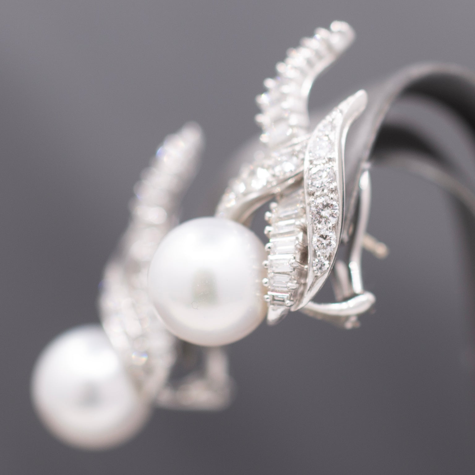 Exquisite South Sea Pearl & Baguette Round Diamond Earrings in 18k White Gold