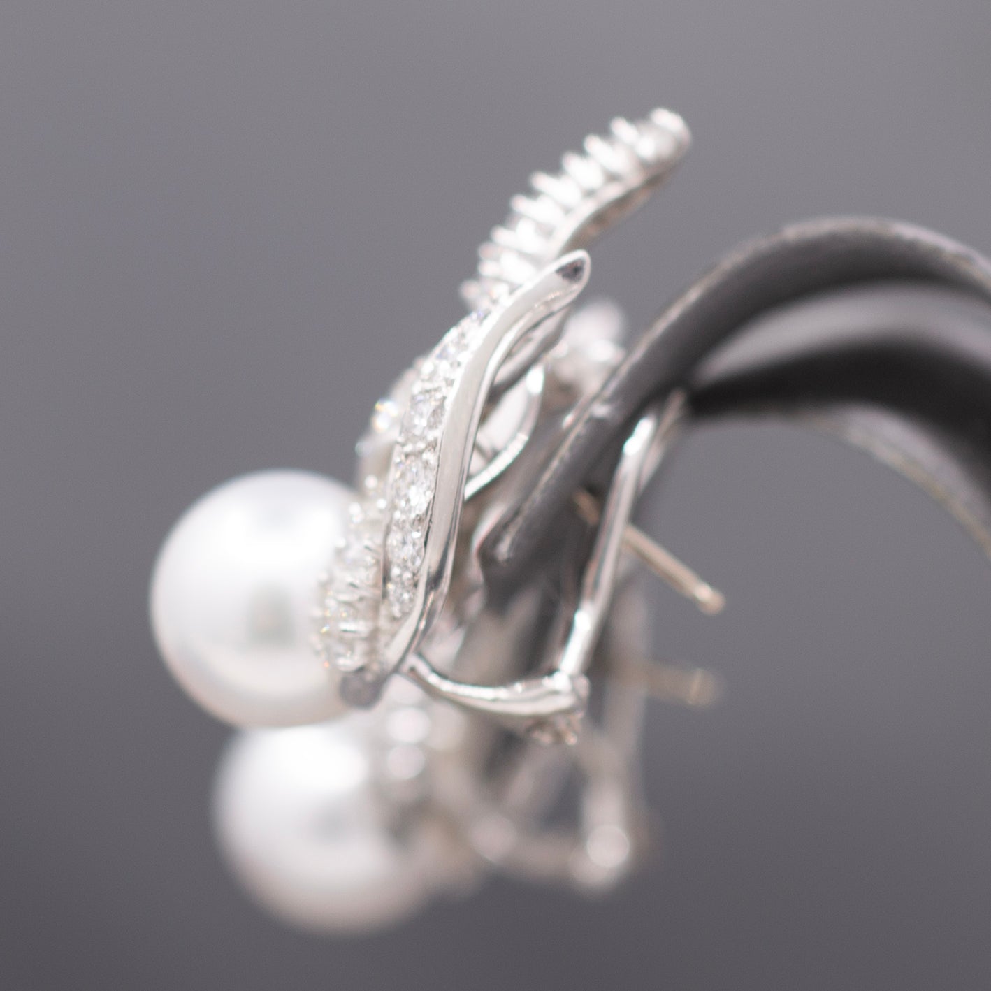 Exquisite South Sea Pearl & Baguette Round Diamond Earrings in 18k White Gold