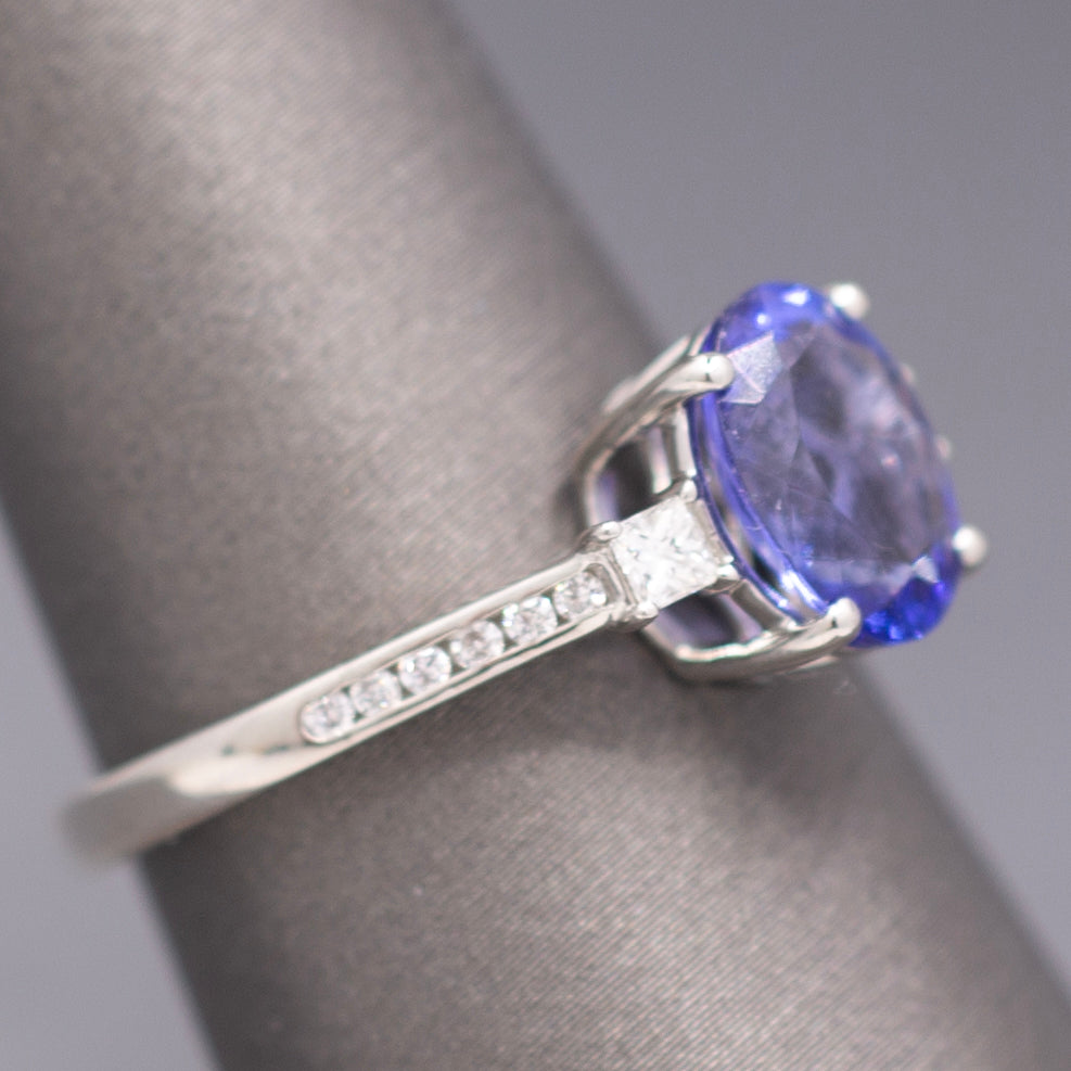 Vivid Oval Cut Tanzanite and Diamond Ring in Platinum