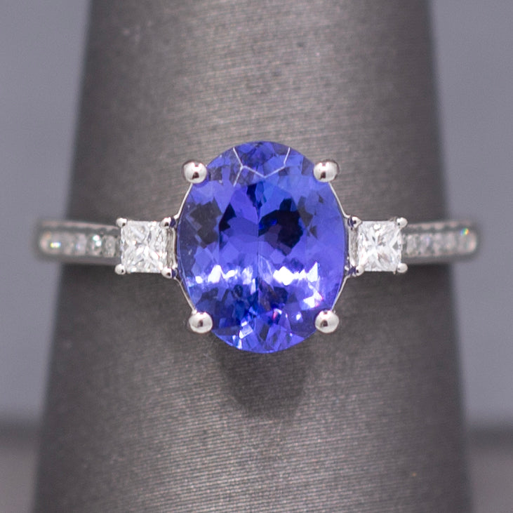 Vivid Oval Cut Tanzanite and Diamond Ring in Platinum