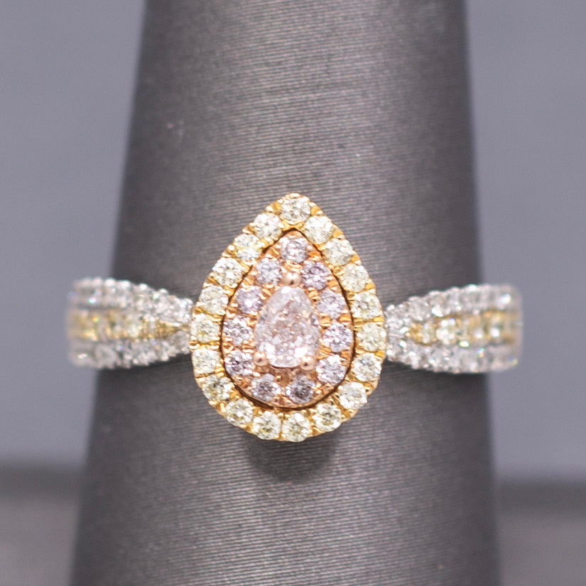 Natural Pink Yellow and White Diamond Pear Cut Cluster Ring in 14k White Gold