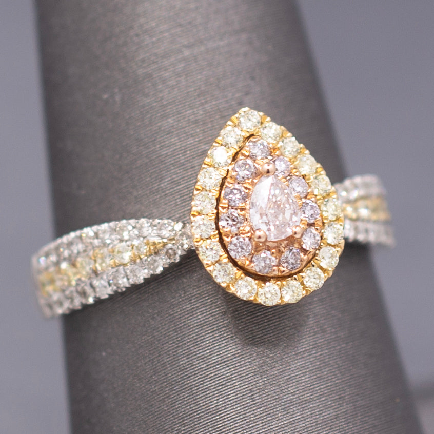 Natural Pink Yellow and White Diamond Pear Cut Cluster Ring in 14k White Gold