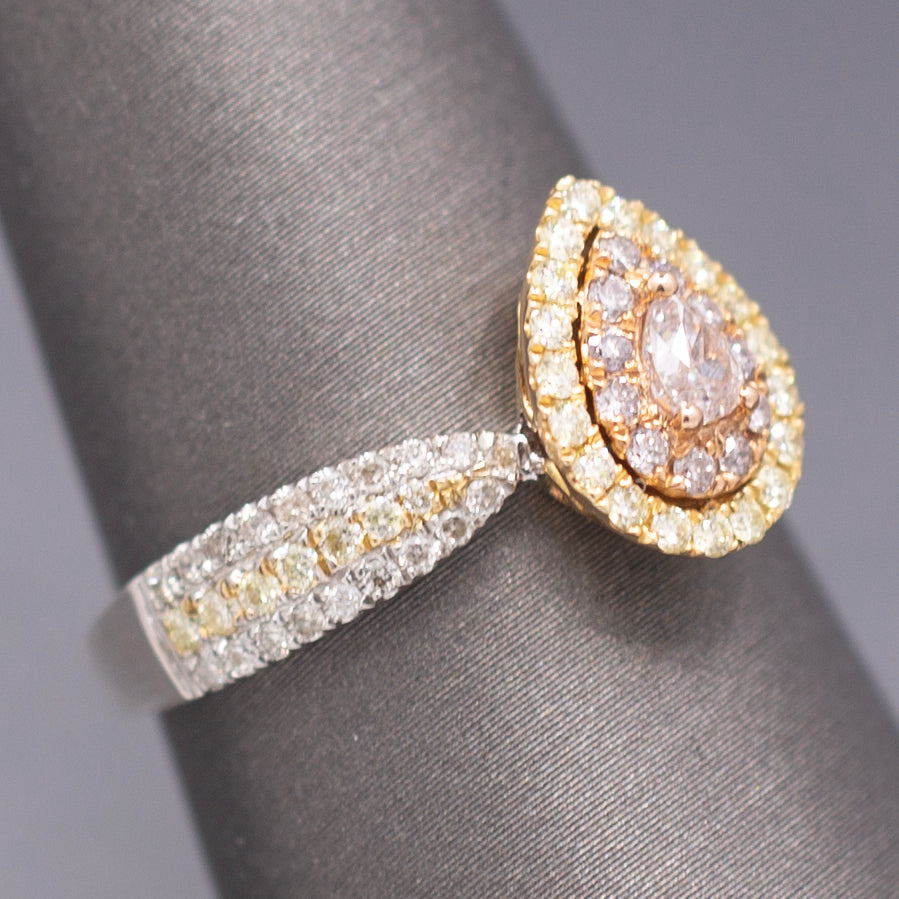 Natural Pink Yellow and White Diamond Pear Cut Cluster Ring in 14k White Gold