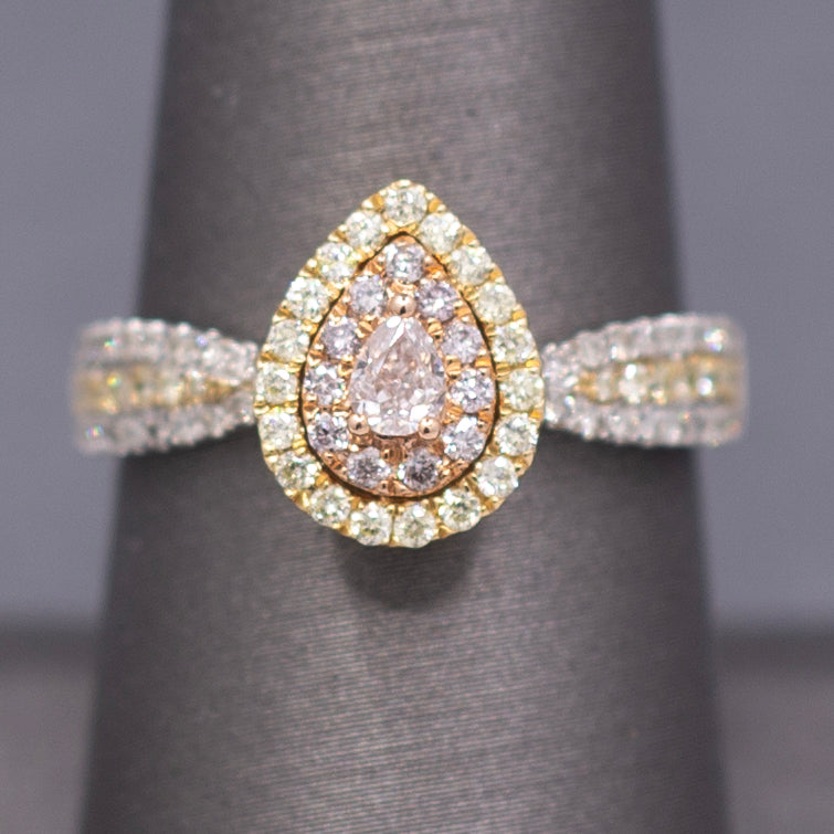 Natural Pink Yellow and White Diamond Pear Cut Cluster Ring in 14k White Gold