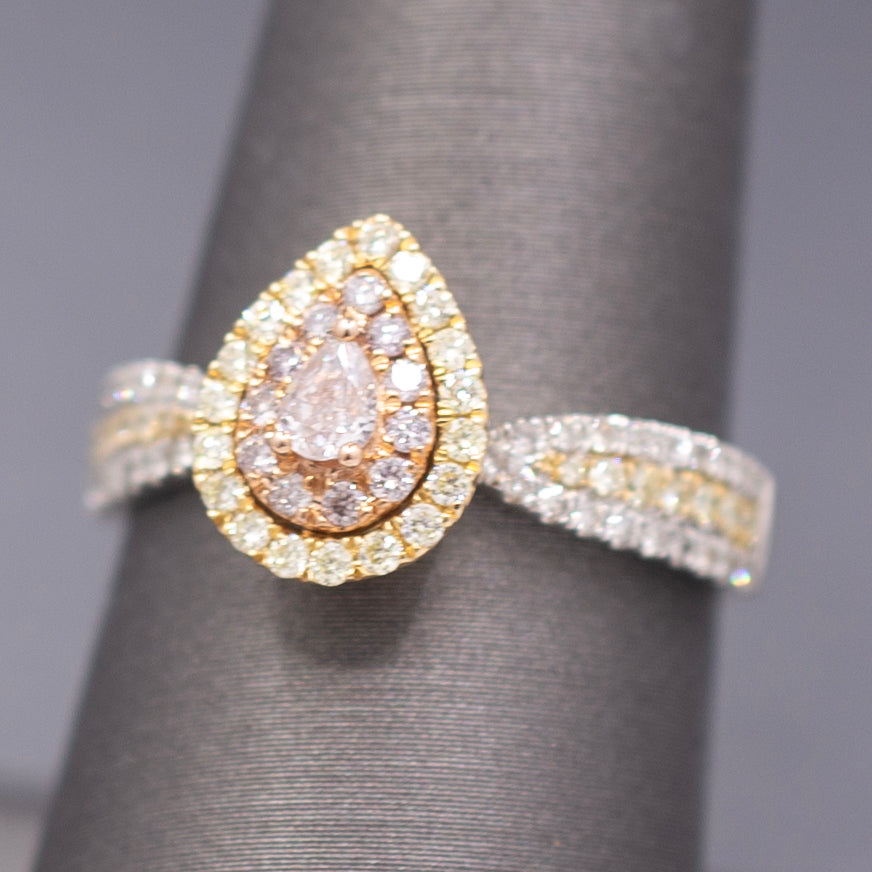 Natural Pink Yellow and White Diamond Pear Cut Cluster Ring in 14k White Gold