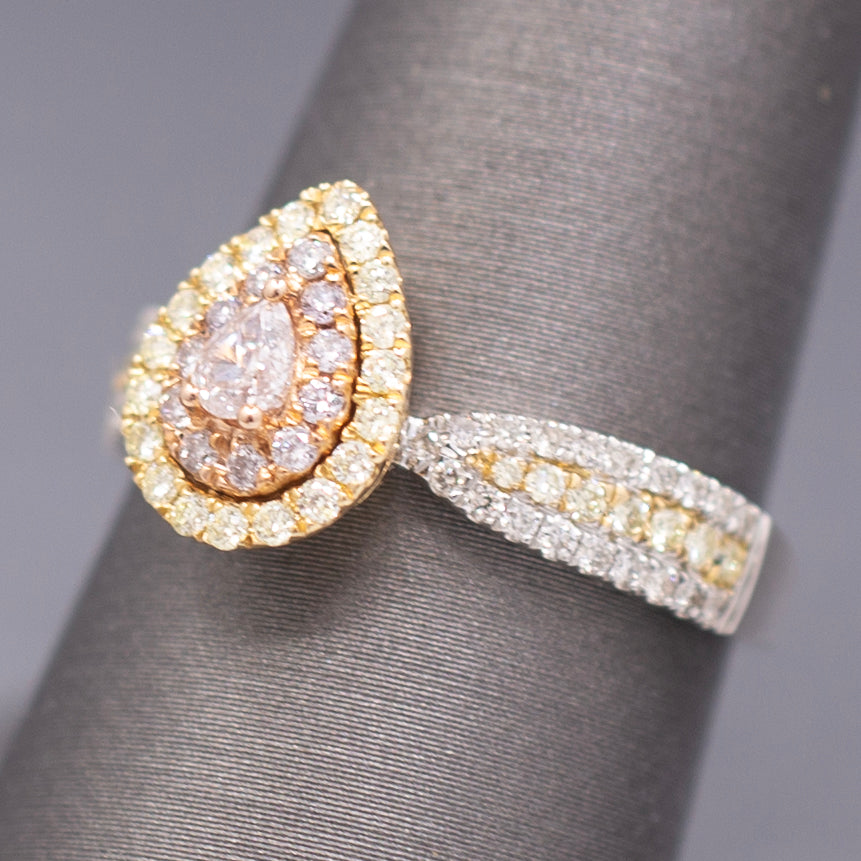 Natural Pink Yellow and White Diamond Pear Cut Cluster Ring in 14k White Gold