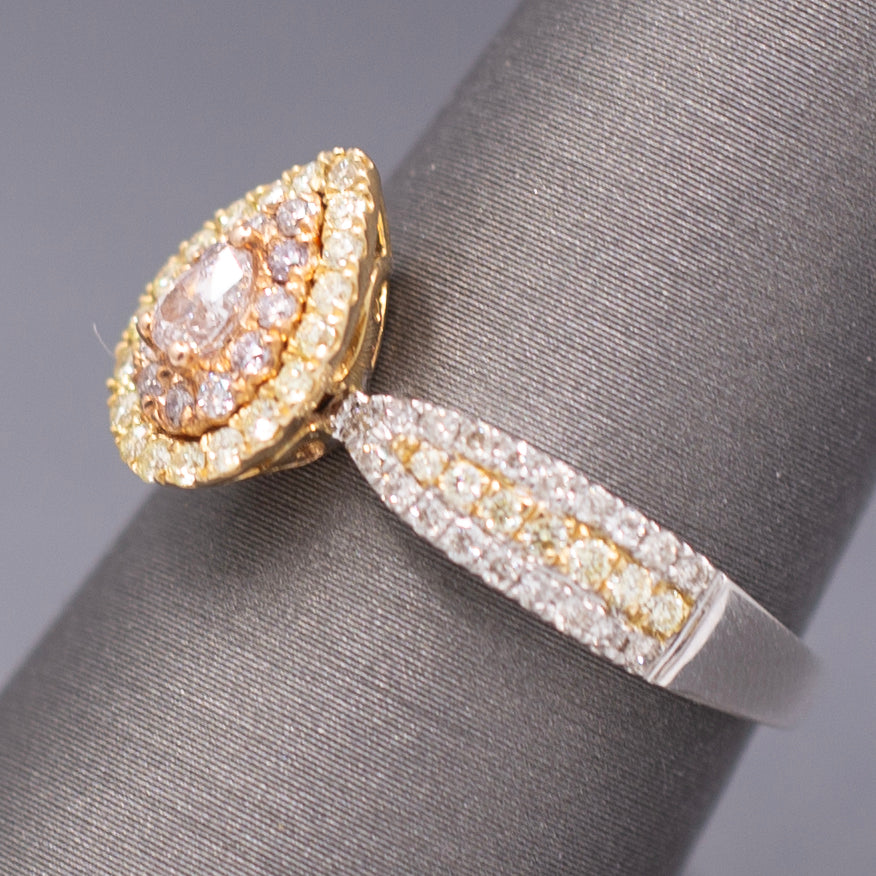 Natural Pink Yellow and White Diamond Pear Cut Cluster Ring in 14k White Gold