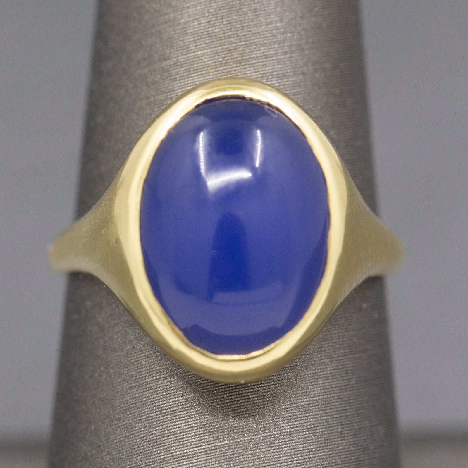 Handcrafted Purple Violet Chalcedony Bezel Set Signet Ring in 18k Yellow Gold