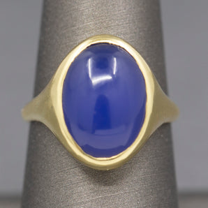 Handcrafted Purple Violet Chalcedony Bezel Set Signet Ring in 18k Yellow Gold