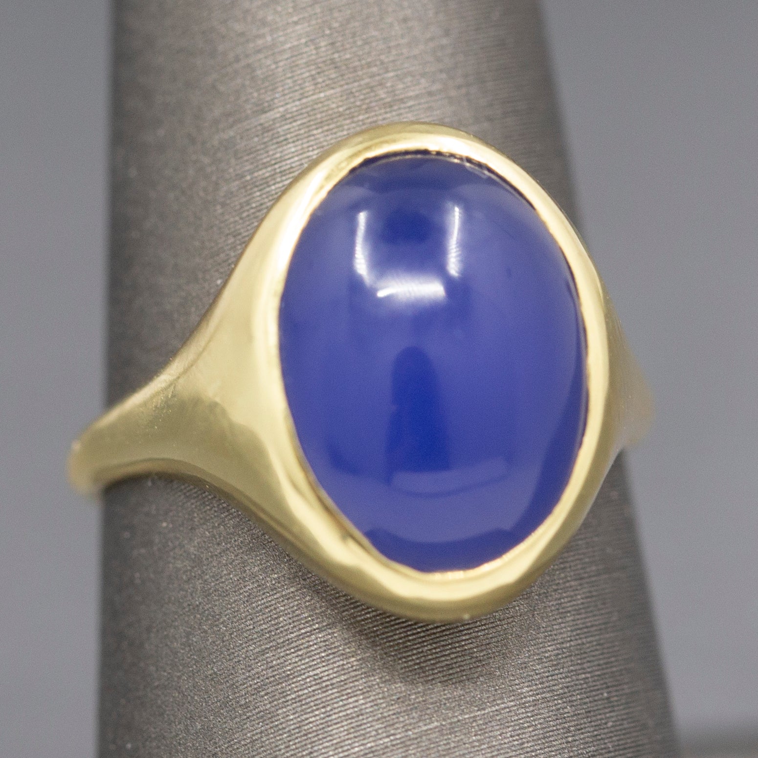 Handcrafted Purple Violet Chalcedony Bezel Set Signet Ring in 18k Yellow Gold
