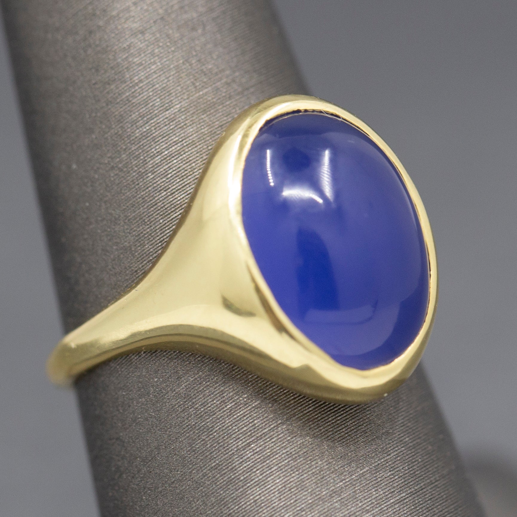 Handcrafted Purple Violet Chalcedony Bezel Set Signet Ring in 18k Yellow Gold