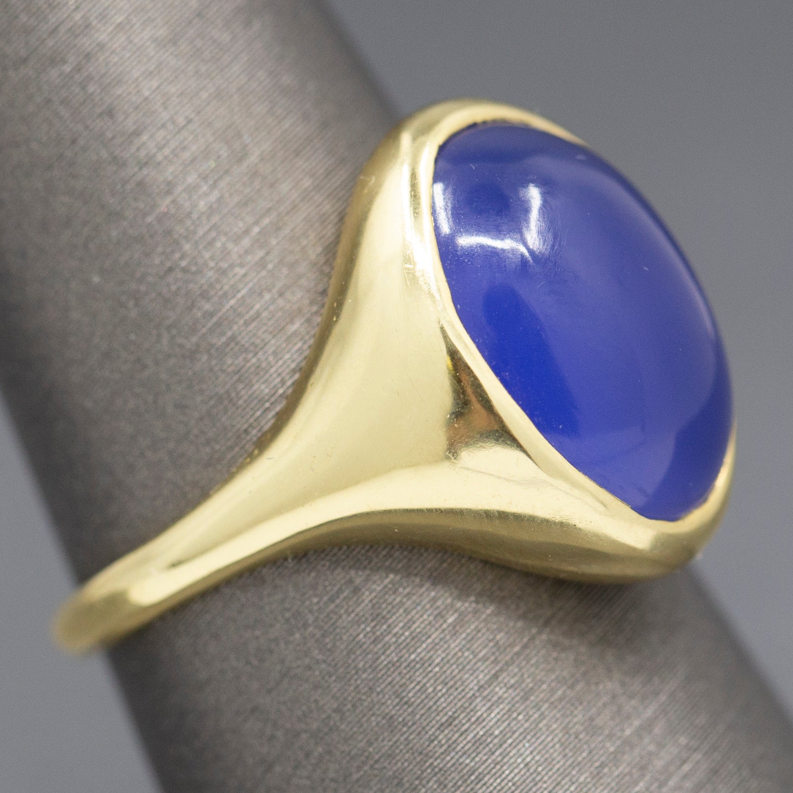 Handcrafted Purple Violet Chalcedony Bezel Set Signet Ring in 18k Yellow Gold