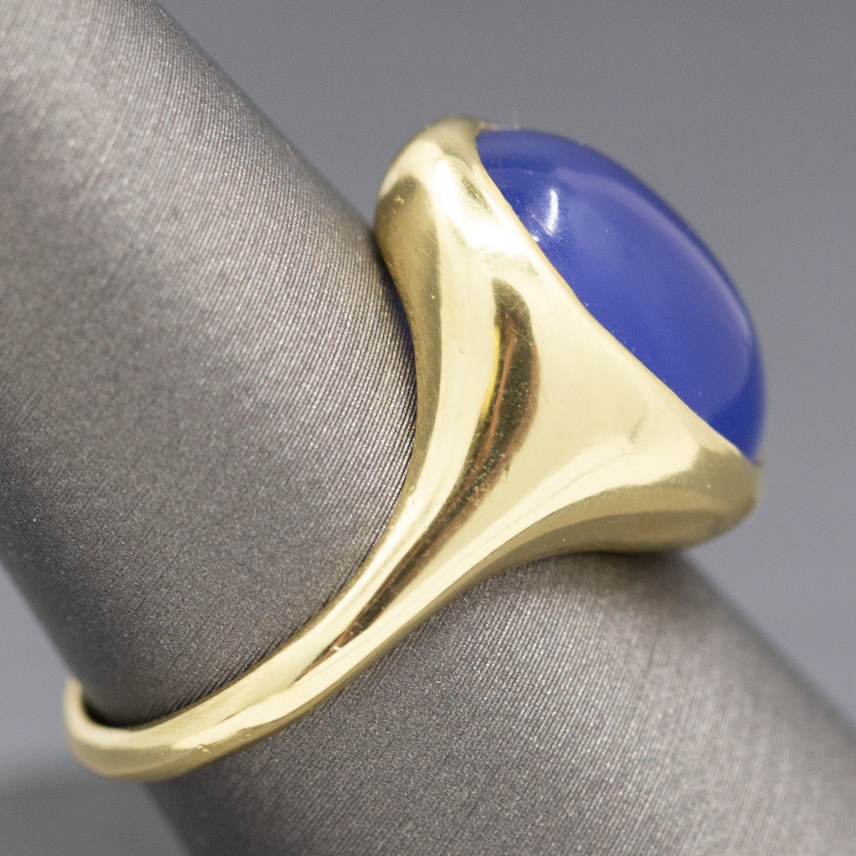 Handcrafted Purple Violet Chalcedony Bezel Set Signet Ring in 18k Yellow Gold
