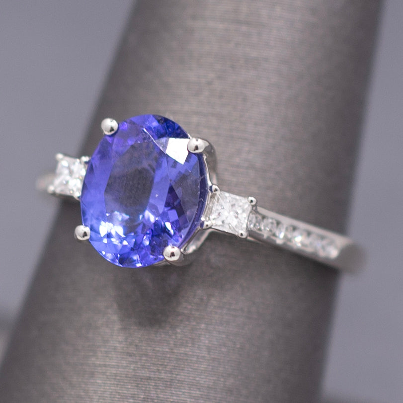 Vivid Oval Cut Tanzanite and Diamond Ring in Platinum