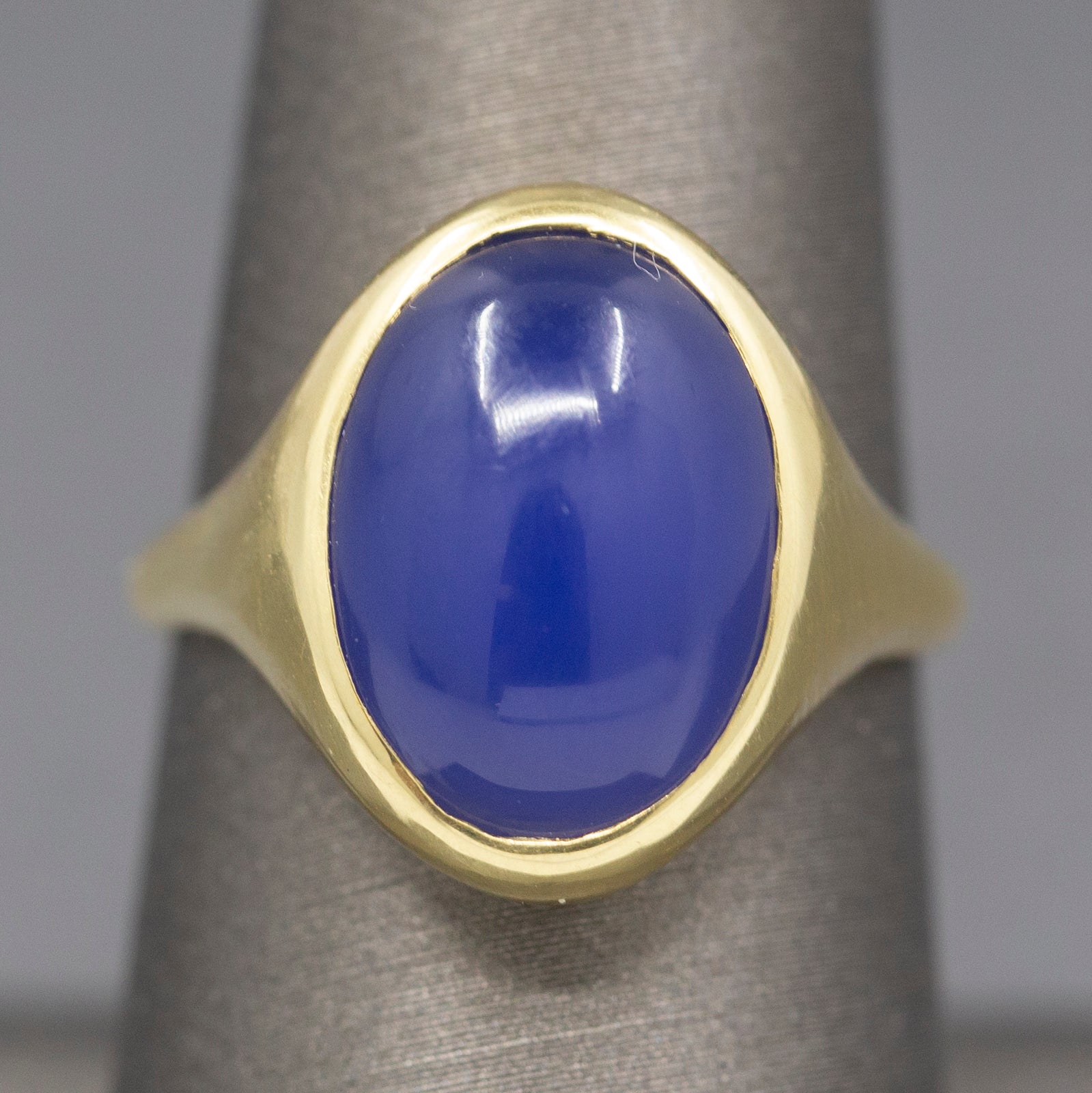 Handcrafted Purple Violet Chalcedony Bezel Set Signet Ring in 18k Yellow Gold