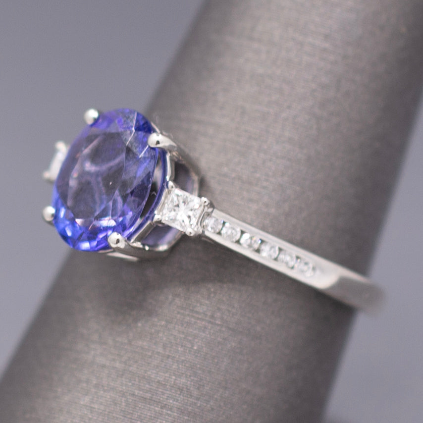 Vivid Oval Cut Tanzanite and Diamond Ring in Platinum