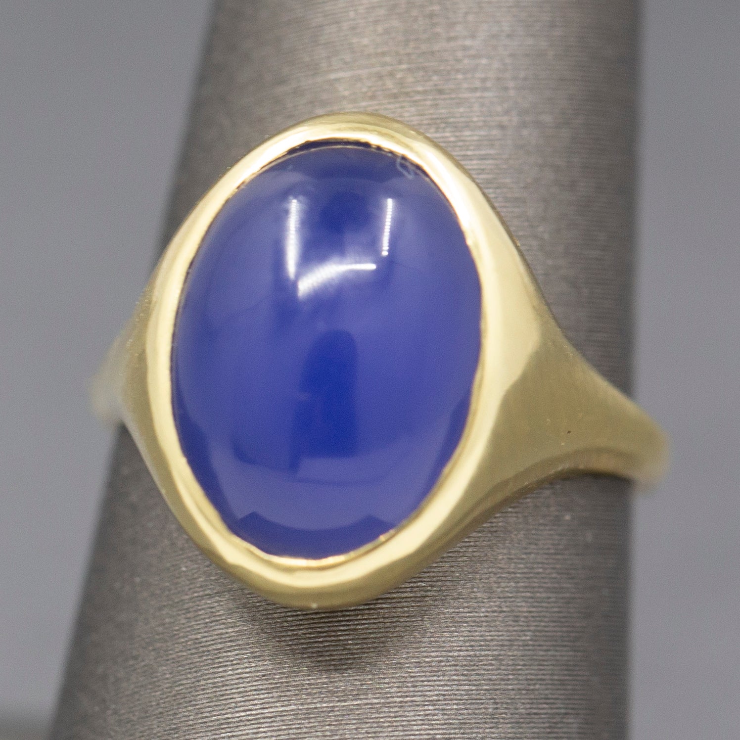 Handcrafted Purple Violet Chalcedony Bezel Set Signet Ring in 18k Yellow Gold