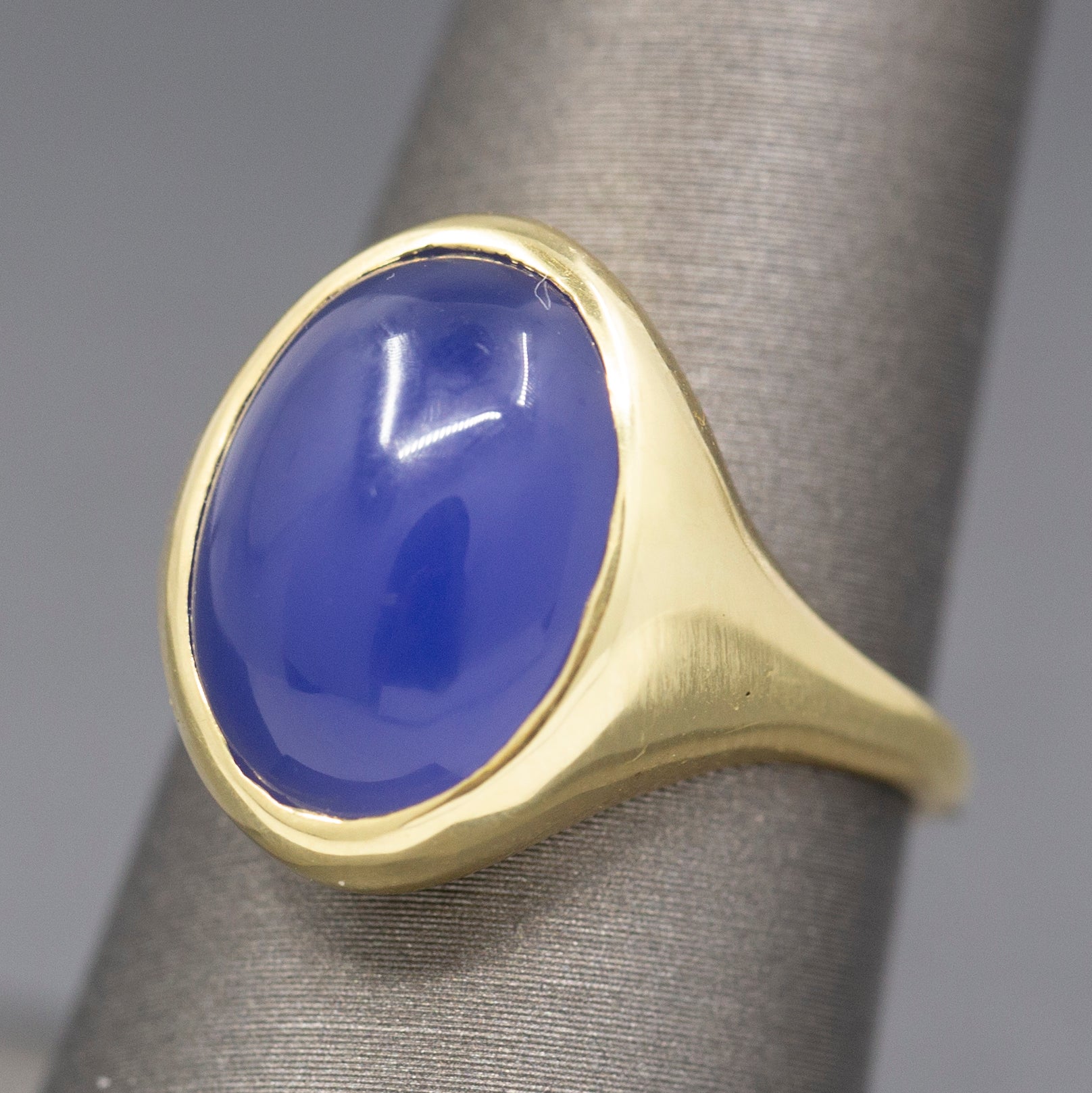 Handcrafted Purple Violet Chalcedony Bezel Set Signet Ring in 18k Yellow Gold
