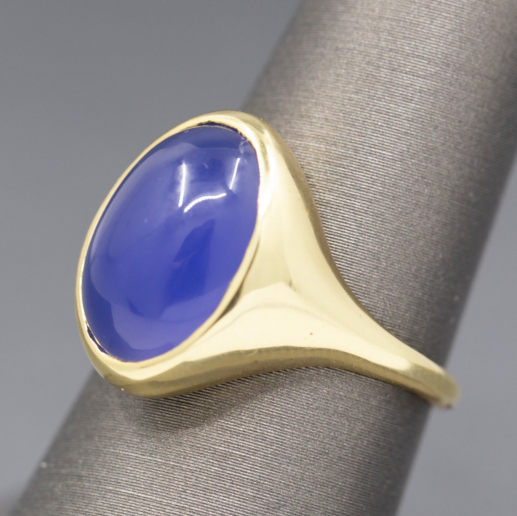 Handcrafted Purple Violet Chalcedony Bezel Set Signet Ring in 18k Yellow Gold