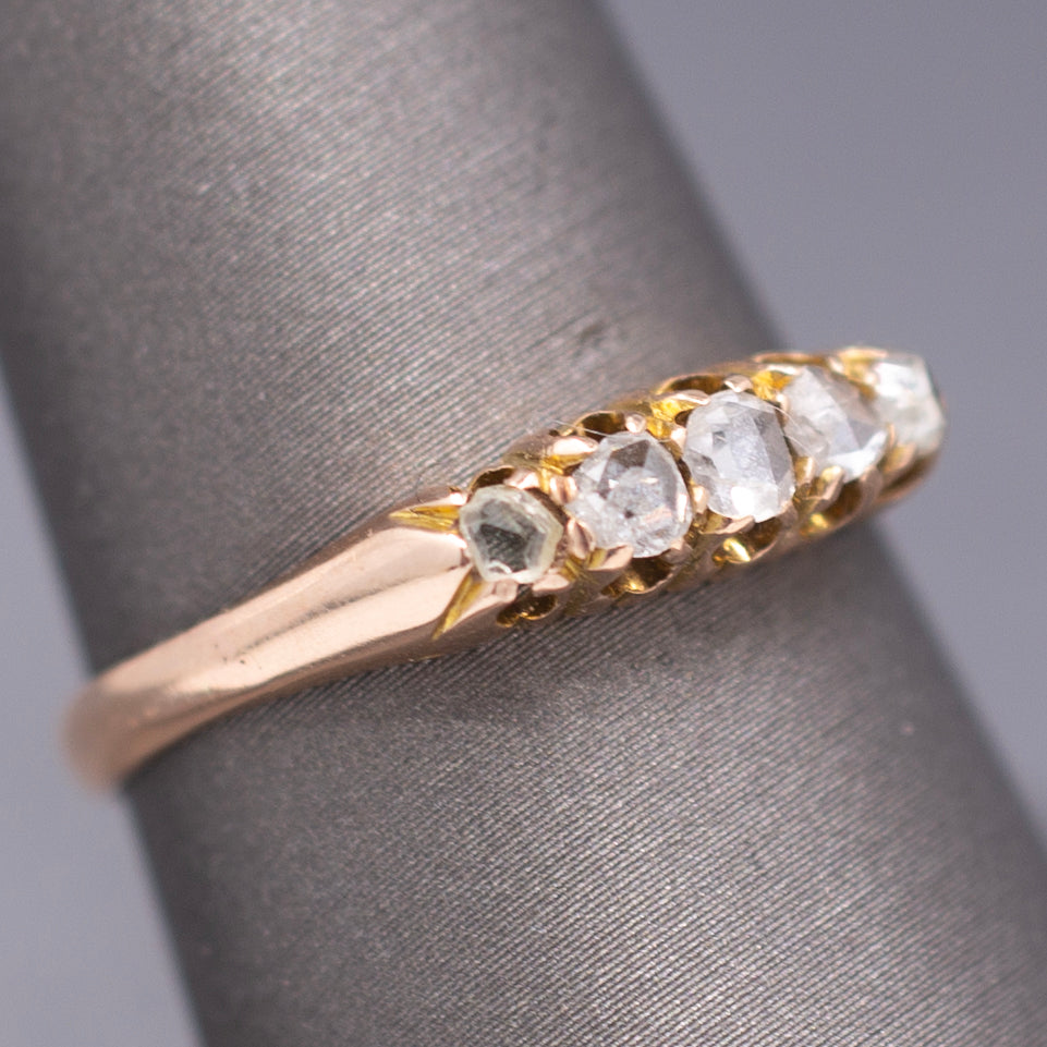 Antique Victorian Rose Cut Diamond Five Stone Band Ring in 9k Rose Gold