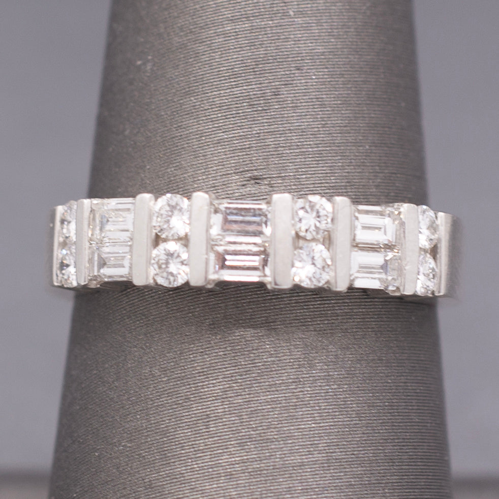 Channel Set Baguette and Round Brilliant Cut Diamond Stackable Band Ring in 14k White Gold