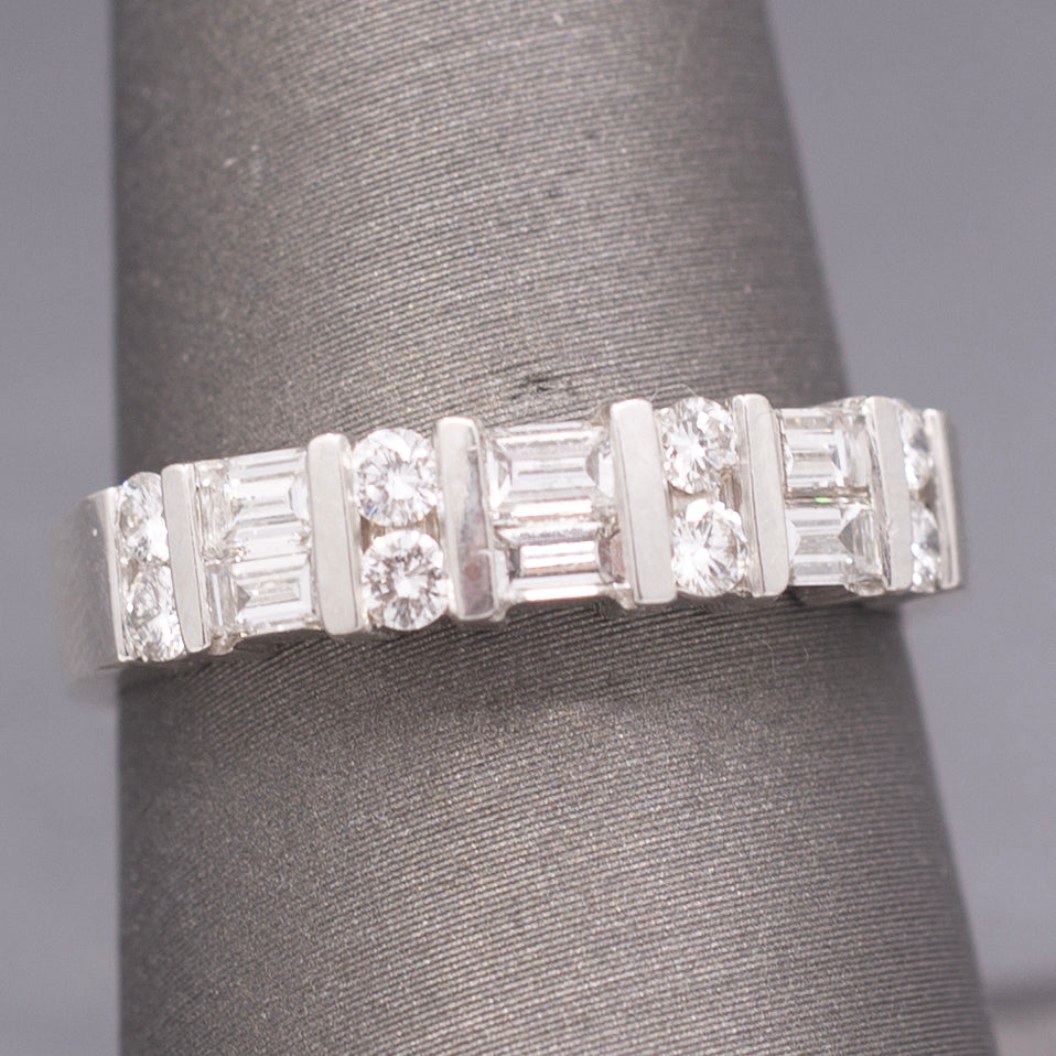 Channel Set Baguette and Round Brilliant Cut Diamond Stackable Band Ring in 14k White Gold