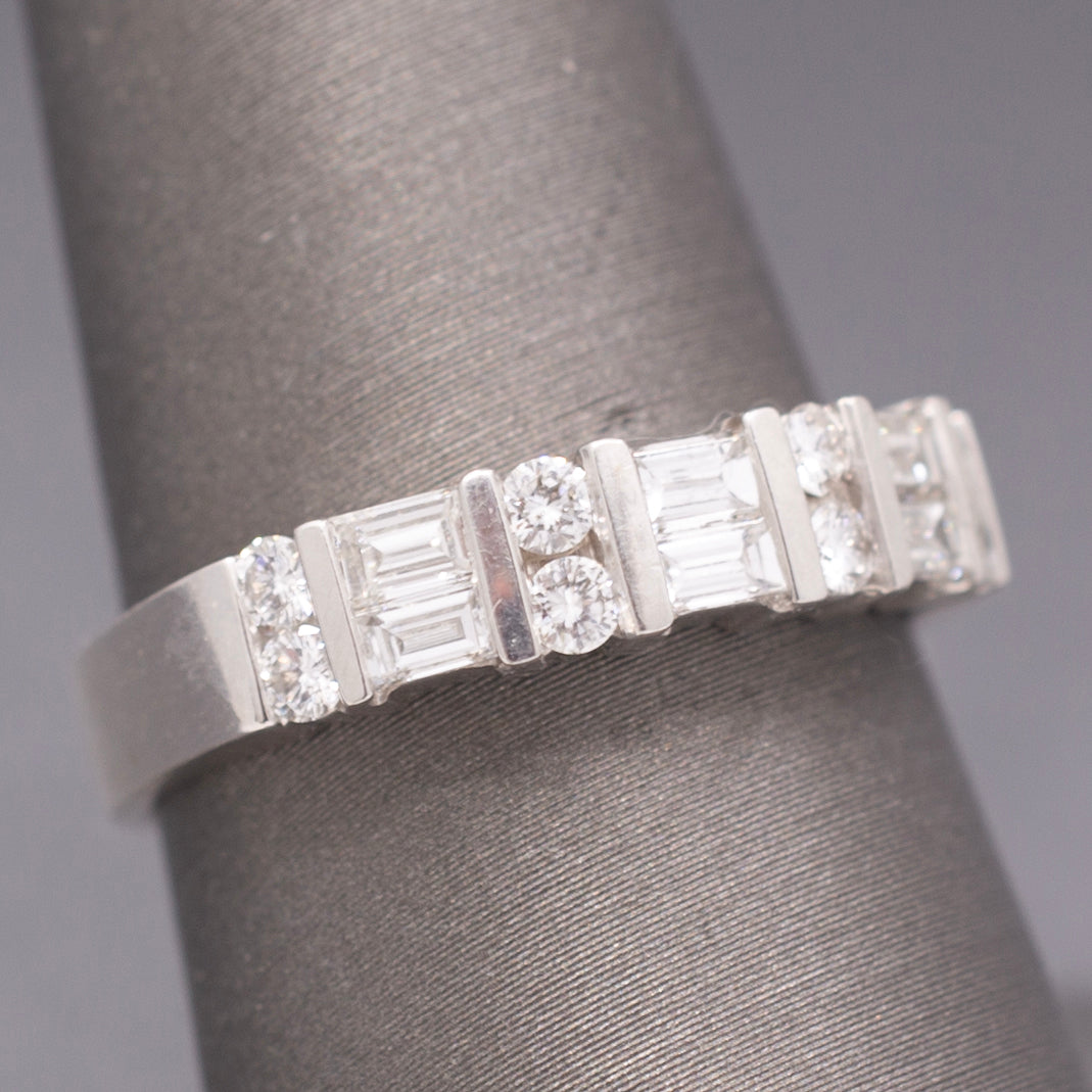 Channel Set Baguette and Round Brilliant Cut Diamond Stackable Band Ring in 14k White Gold