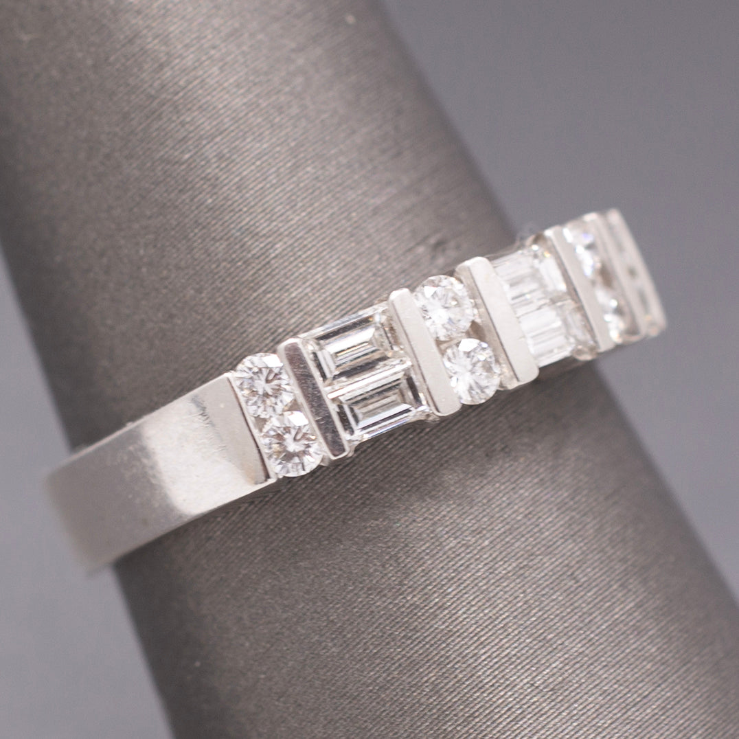 Channel Set Baguette and Round Brilliant Cut Diamond Stackable Band Ring in 14k White Gold