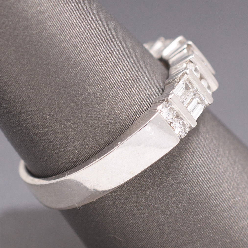 Channel Set Baguette and Round Brilliant Cut Diamond Stackable Band Ring in 14k White Gold