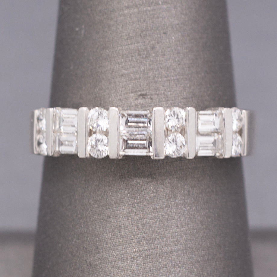 Channel Set Baguette and Round Brilliant Cut Diamond Stackable Band Ring in 14k White Gold