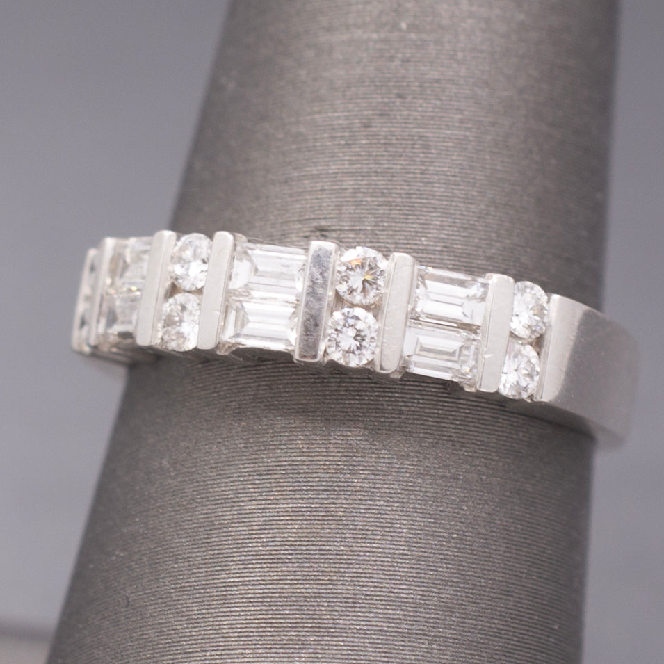 Channel Set Baguette and Round Brilliant Cut Diamond Stackable Band Ring in 14k White Gold