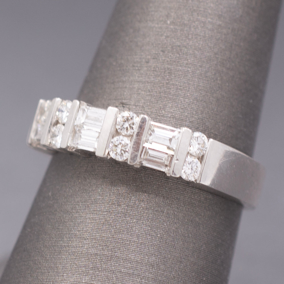 Channel Set Baguette and Round Brilliant Cut Diamond Stackable Band Ring in 14k White Gold