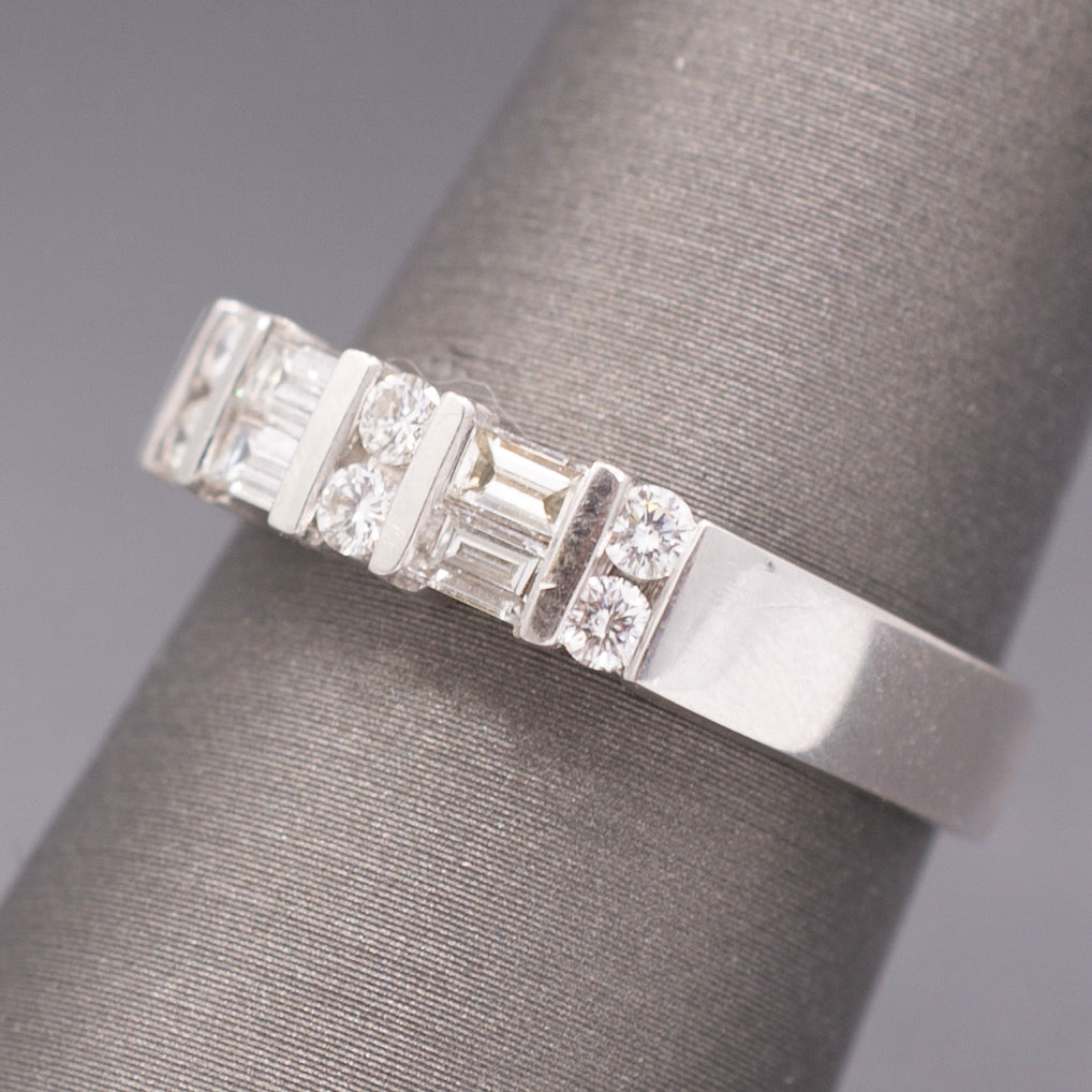 Channel Set Baguette and Round Brilliant Cut Diamond Stackable Band Ring in 14k White Gold
