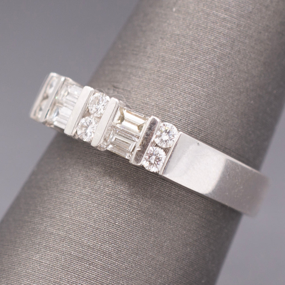 Channel Set Baguette and Round Brilliant Cut Diamond Stackable Band Ring in 14k White Gold