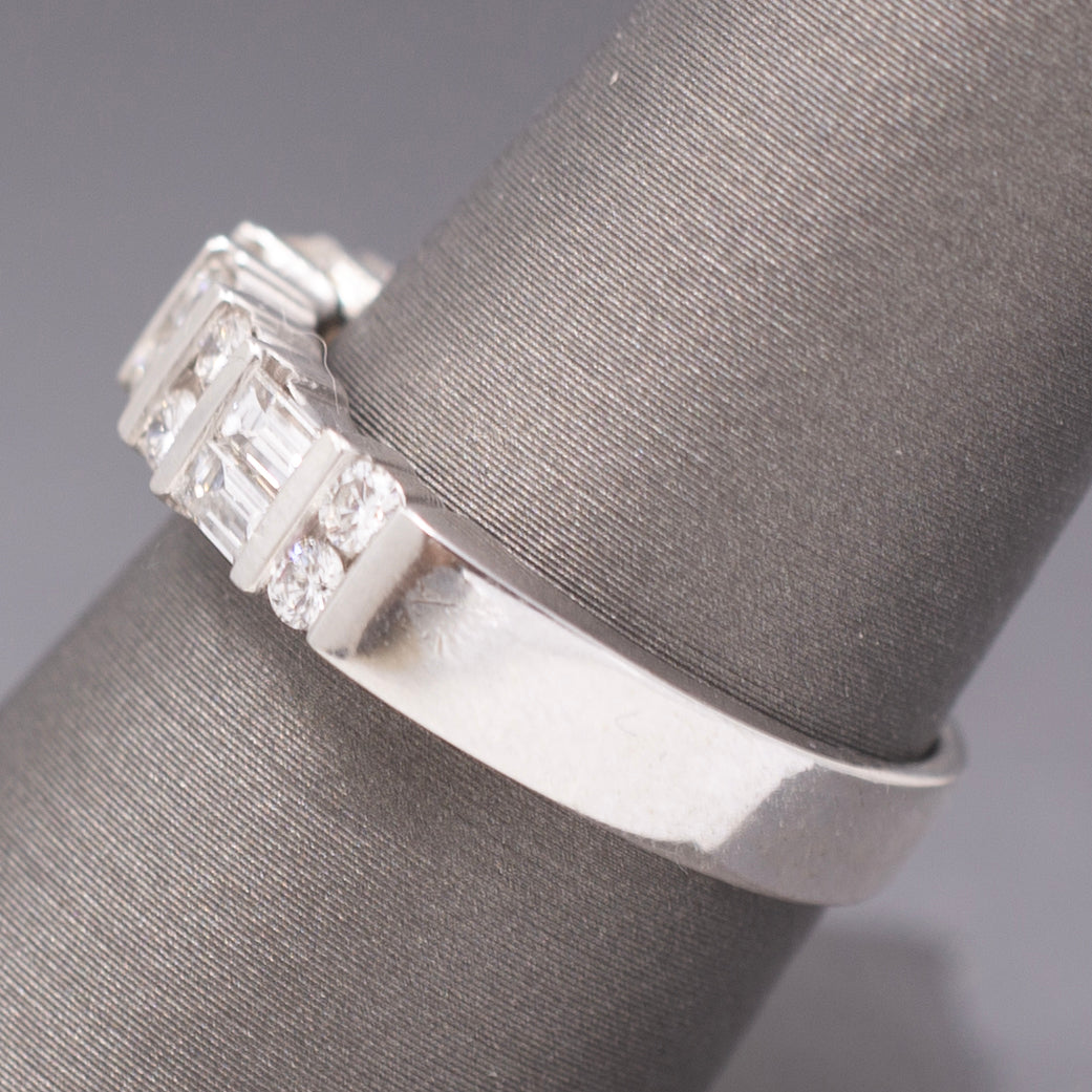 Channel Set Baguette and Round Brilliant Cut Diamond Stackable Band Ring in 14k White Gold