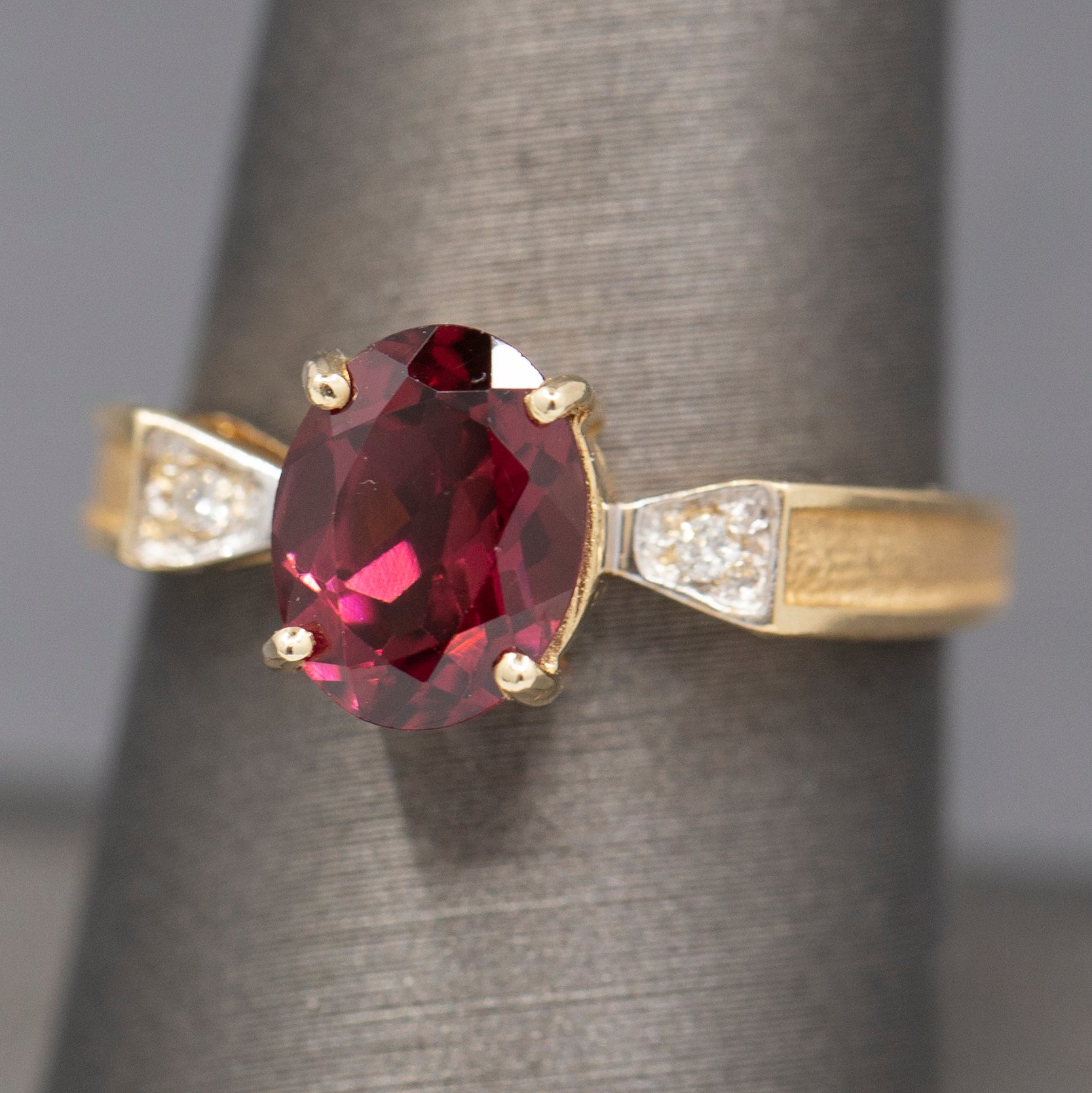 Ravishing Rhodolite Garnet and Diamond Accent Bow Ring in 14k Yellow Gold