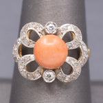 Edwardian Coral and Rose Cut Diamond Cocktail Ring in 14k Yellow Gold