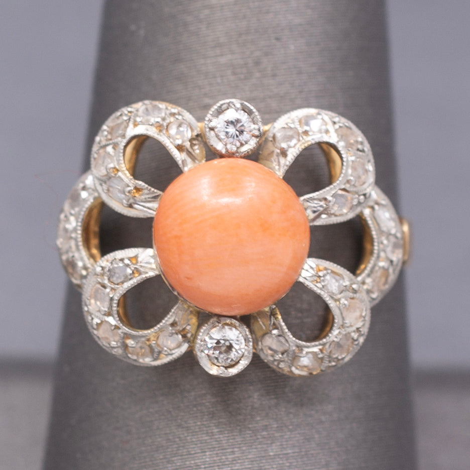 Edwardian Coral and Rose Cut Diamond Cocktail Ring in 14k Yellow Gold