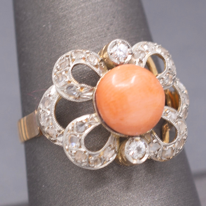 Edwardian Coral and Rose Cut Diamond Cocktail Ring in 14k Yellow Gold