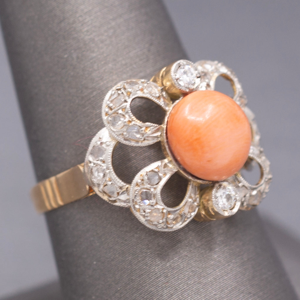 Edwardian Coral and Rose Cut Diamond Cocktail Ring in 14k Yellow Gold