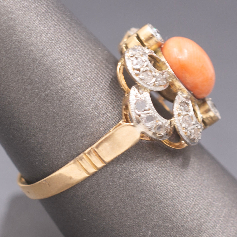 Edwardian Coral and Rose Cut Diamond Cocktail Ring in 14k Yellow Gold